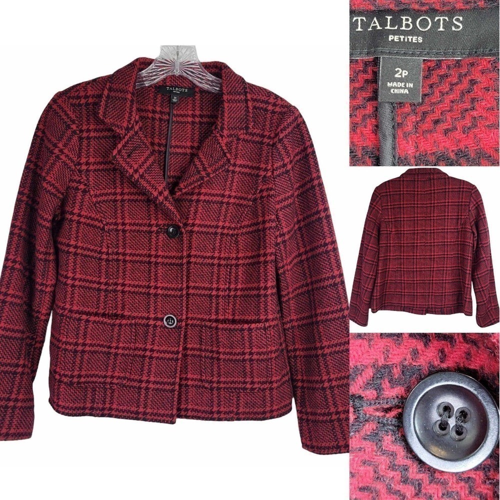 Talbots Blazer Womens Size 2p Petite Wool Blend Red And Black Plaid Two Button